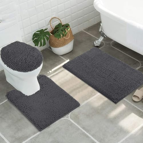 Image of Standard 3pc Set Chenille Bath Mats, Includes 21 inchx24 inch U-Shaped Contour Toilet Rug, 21 inchx34 inch Inches Bathmat and 1 Toilet Lid Cover, Plush Absorbent Bath Mats Quick Dry, Charcoal Gray
