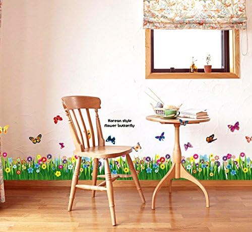 Image of Rangoli 'Walking in The Garden Flower' Wall Sticker | New Modern Art Butterflies Flying Over Grass | Large Reusable Self-Adhesive Sticker (PVC Vinyl, 70 cm x 50 cm), Multicolour