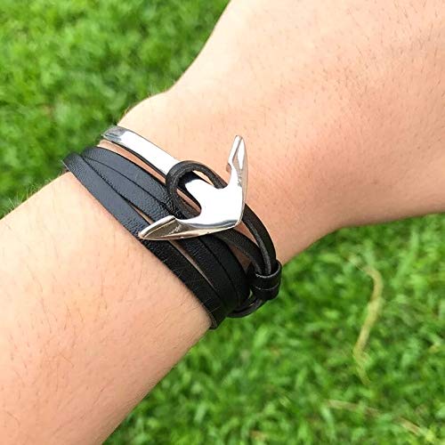 Pulseira de Couro Masculina Preto Com Âncora em Aço Inox