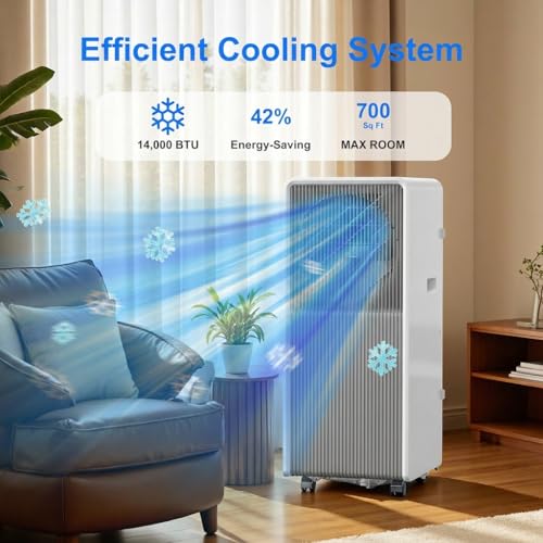 Image of 14,000 BTU Portable Air Conditioners for Rooms Up To 700 Sq.Ft. Portable AC, Dehumidifier, 24H Timer, Sleep Mode & Water level indication, Remote Control & Window Kit, White & Grey
