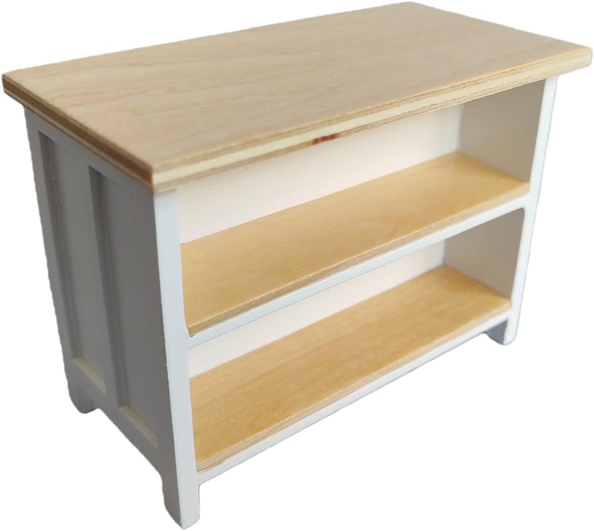 Dollhouse Miniature Kitchen Island 1/12 Scale Wood Counter with Storage Shelves Dining Table Restaurant Pub Bar (Brown)