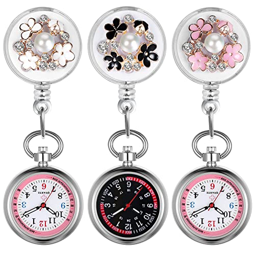 Lancardo Retractable Nurse Watch Clip On Pearl Flower Patterns Badge with Secondhand Stethoscope Lapel Fob Pocket Watch Doctor Nurse Watch for Women and Men