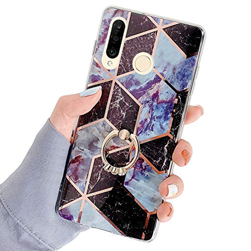 Robinsoni Case Compatible with Huawei Nova 4e Cover Silicone TPU Case Mirror Reflection Marble Case with Ring Colorful Kickstand Cover Ultra Thin Silicone Bumper Case Marble Ring Case Red