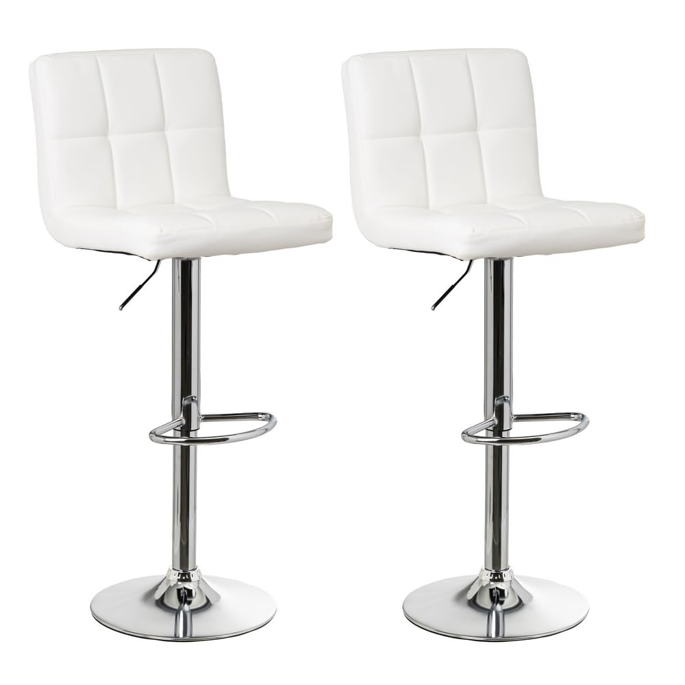 LOLAhome Set de 2 Taburetes Altos Cocina Giratorios en 360°, Juego de Sillas de Bar Regulables en Altura de 93 a 113 cm, con Respaldo de Polipiel, Estructura Metal y Reposapiés, Blancos