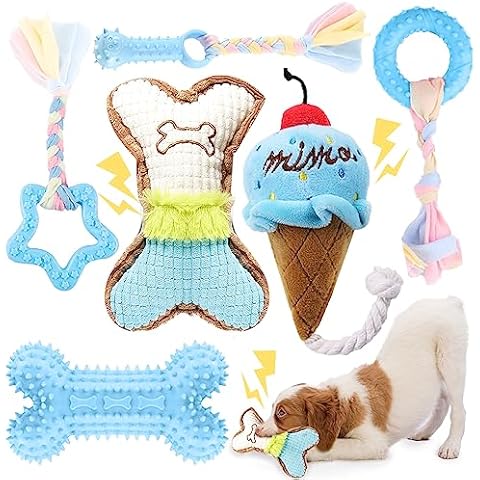 BAEJMJK 6 Pack Puppy Teething Toys Blue Small Breed Dog Chew Toys with Rope Cute Plush Squeaky Dog Toys Soft Rubber Puppy Toys Set for Cleaning Teeth Interactive Pet Doggy Bone Toys Cover