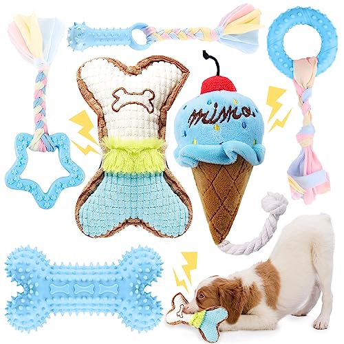 BAEJMJK 6 Pack Puppy Teething Toys Blue Small Breed Dog Chew Toys with Rope Cute Plush Squeaky Dog...