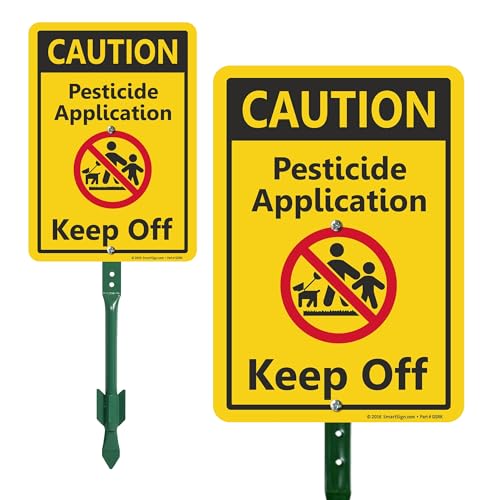 SmartSign 10 x 7 inch Caution - Pesticide Application Keep Off Yard Sign and Stake Kit 40 mil Laminated Rustproof Aluminum Black/Red on Yellow Set of 1