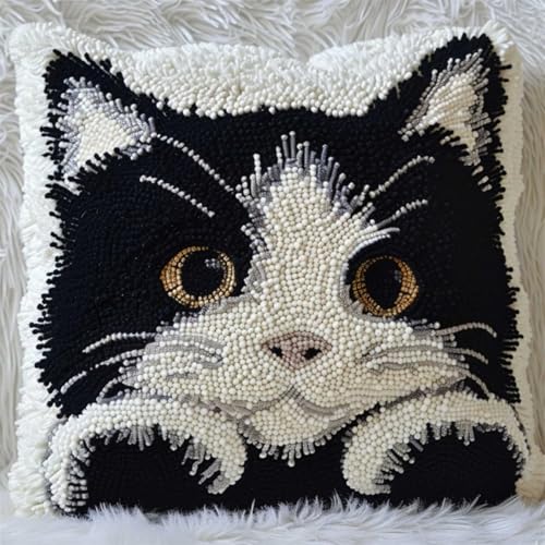 Kit Crochet de Verrouillage Tapis DIY Broderie, Kit Tapis Point Noué à Faire pour Débutants,Adultes,Latch Hook Canevas Coussin Point 43x43cm(Chat de...