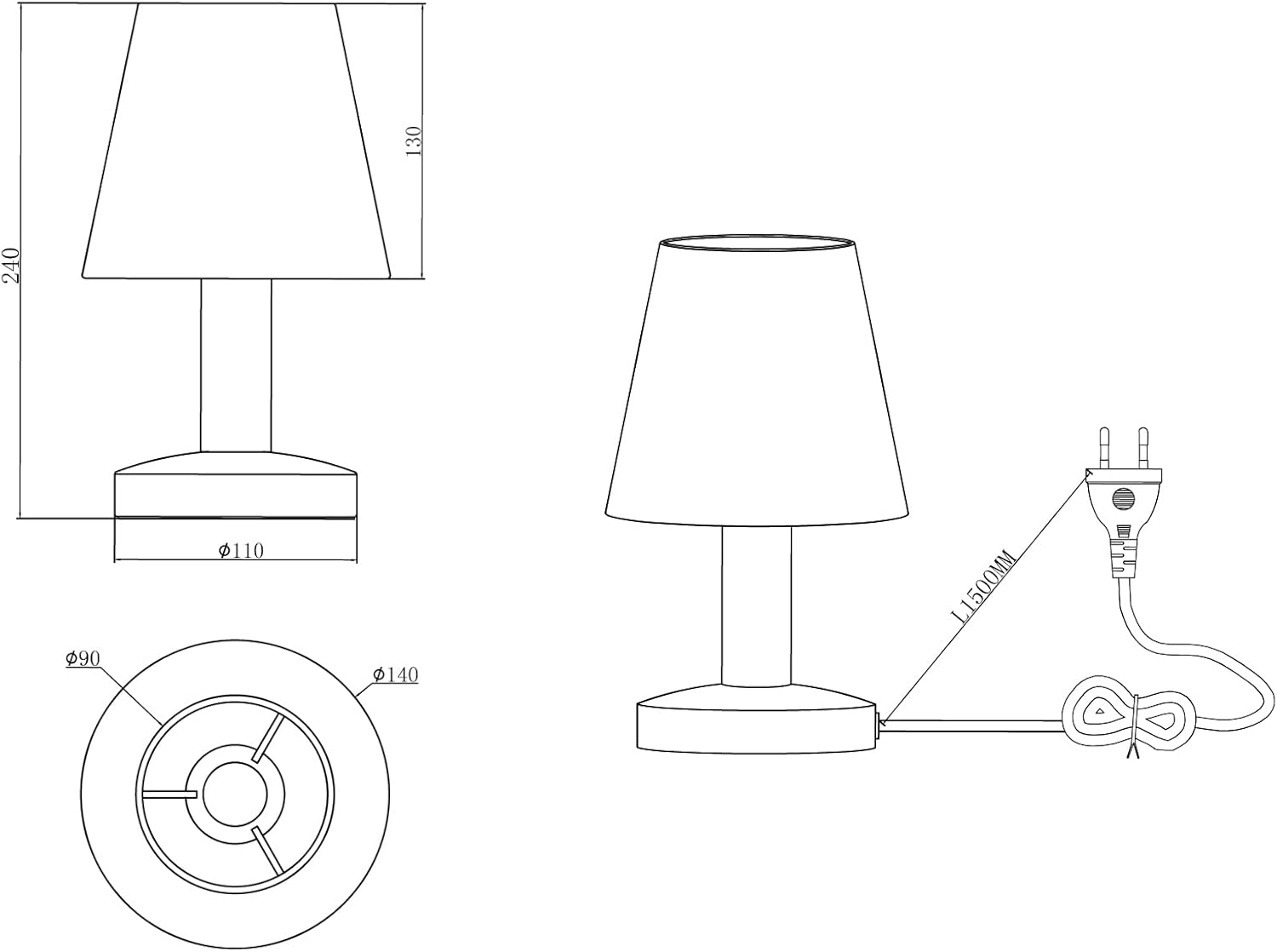Technical drawing with dimensions and power cord detail