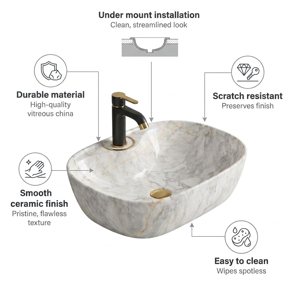 Vivatra Ceramic Tabletop Wash Basin β Glossy Rectangular Countertop Vessel Sink with Marble Finish for Bathroom & Vanity | Compact 18 x 13 x 5 Inch | Elegant Washbasin (VT_WB_LC01_023) 1