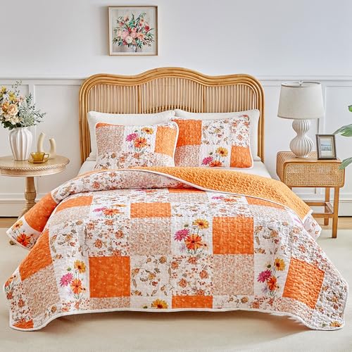 Joyreap 3 Pieces Floral Patchwork Quilt Set Queen Orange n White Flowers Design Smooth Soft Microfiber Quilt Bedspread Bed Cover for All Season- 90x90 inches
