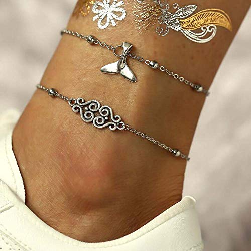 Preisvergleich Produktbild Jovono Mehrschichtige Perlen Fischschwanz Fußkettchen Silber Fußkettchen Armbänder Mode Strand Fußschmuck für Frauen und Mädchen