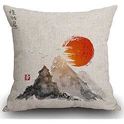 Almohada Japonesa Tradicional Smooffly Fundas de cojín de 45x45 cm, diseño de montañas y sol rojo dibujadas a mano con tinta en la tradicional funda de almohada japonesa de algodón y lino, cama, sofá