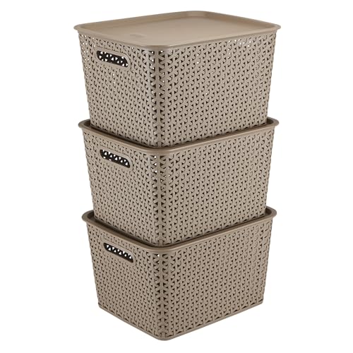 Image of KOLORR Royal Baskets 3 Large Basket with 3 Lid - LT Brown | stackable| easy to clean | strong and durable | BPA free | Multipurpose Plastic Storage Basket, Rectangular