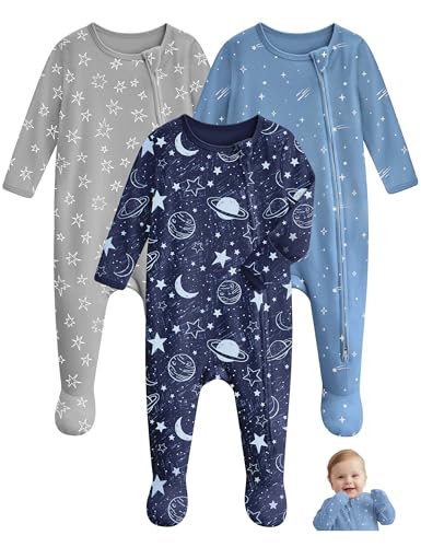 Image of Unnivoll Baby Pajamas 100% Cotton Baby Sleepers for 3-6 Months 3Pcs Footie Pajamas Baby Boys Girls Clothes, Soft Infant Footed PJs with Mitten Cuffs, Two Way Zipper, Long Sleeve