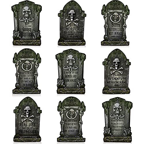 Clabby 9 Pieces Halloween Tombstone Cutouts Halloween Graveyard Tombstone Cutouts Headstone Cutouts with Skeleton and Cross Halloween Party Wall Decorations Halloween Party Haunted Home Supplies