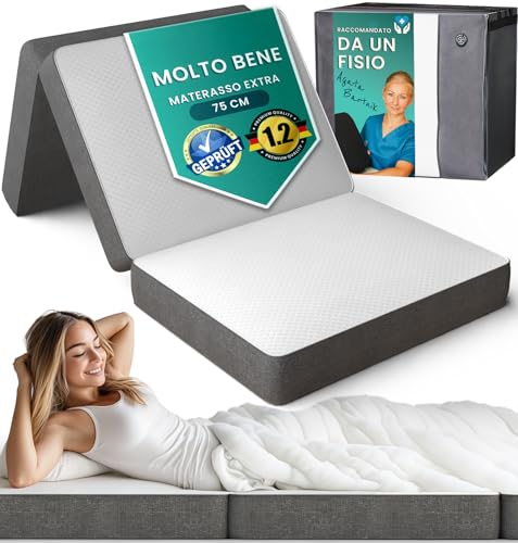 Materasso Pieghevole Singolo 75x195 cm Certificato Oeko-Tex – Materasso in Memory Foam 14 cm con Rivestimento Lavabile – Materassino per Campeggio, Pavimento, Letto Ospiti – Firmezza Media H3 e Comodo