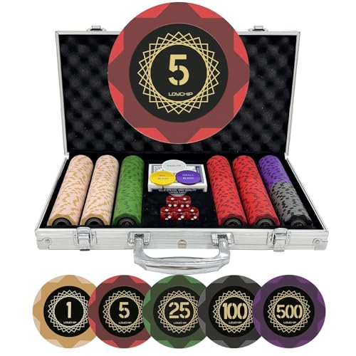 Casino-Grade Clay Poker Chip Set, 300pcs 14g Numbered Chips with Aluminum Case, 2 Decks, 5 Dice,