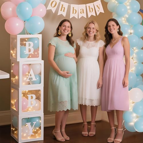 Image of Ledido Baby Boxes with Letters for Baby Shower Decoration, 4 pcs Clear Baby Balloon Boxes Blocks with LED Fairy String Lights 38 Balloons for Boy Girl Gender Reveal Birthday Party (White)