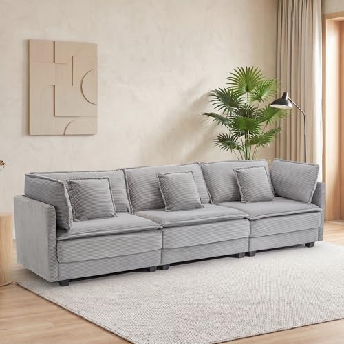 Image of Corduroy Sectional Couch, 3 Seater 113 inch Cloud Couch, Modular Deep Seat Sofa with Pillows for Living Room, Apartment, Lightgrey