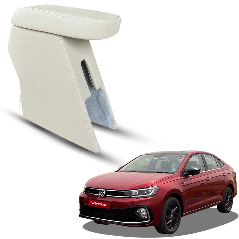 Image of Carigiri Premium Finish Car Armrest with Storage Box And High Density Moulded Foam For Volkswagen Virtus (Beige With Beige Seam,Nappa Leatherette)
