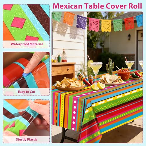 Image of Kochorie 100 Ft x 54 Inch Mexican Fiesta Party Tablecloth Roll with Cutting Box Disposable Plastic Mexican Striped Table Cover Backdrop for Fiesta Taco Party Supplies