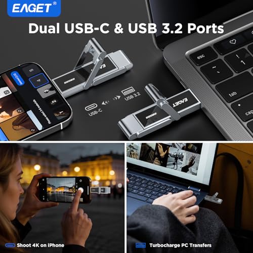 Image of EAGET 512GB High-Speed Dual USB Flash Drive, Up to 2100 MB /s, Portable SSD with USB 3.2 + USB-C, Metal Frame & Transparent Window Design, External Memory Stick for iPhone 15 /16 /17, Android, PC, Mac