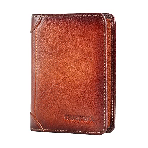 Mens Trifold Leather RFID Blocking Wallet with 2 ID Windows 2 Cash Compartments 6-8 card slots 2-3 inside slots Large Capacity Wallet
