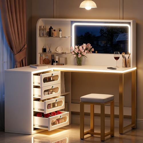 Table de coiffure d'angle avec miroir LED à 3 modes et espace de rangement maximal – Ensemble de...