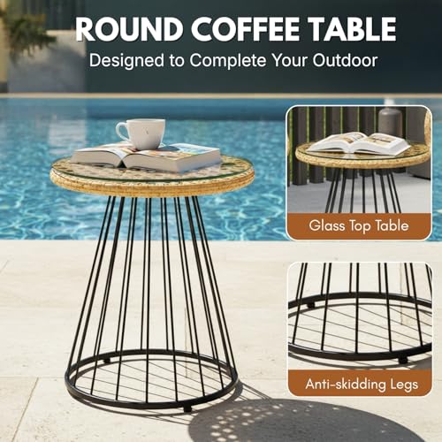 Image of DEVOKO Furniture 3-Piece Indoor Outdoor Bistro Set -Finish with Rattan & Wicker Chairs and Glass Top Center Table (Beige & Off-White)