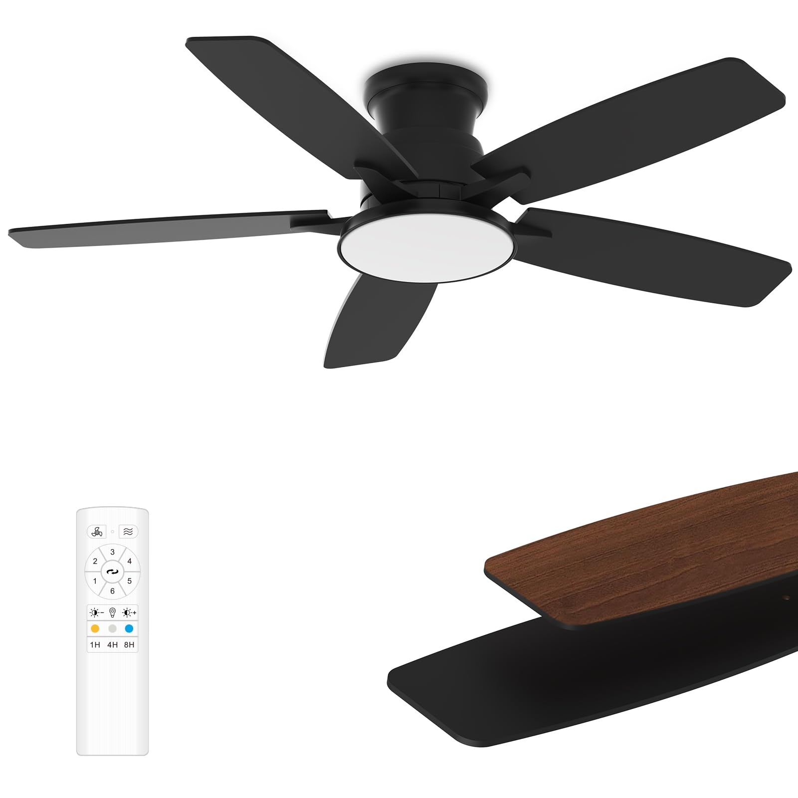 Photo 1 of Flush Mount Ceiling Fan with Light, 42 Inch, Remote Control, 3CCT Dimmable LED, 6-Speed Silent Reversible DC Motor, Low Profile Hugger Ceiling Fan for Indoor/Outdoor 90-264V 50/60Hz Matte Black