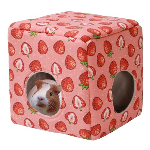 JSPYFITS Guinea Pig Hideout, Washable Guinea Pig House Cozy Small Pet Bed for Small Animal Bunny/Rabbit/Hamster/Chinchilla Accessories Pink Strawberry