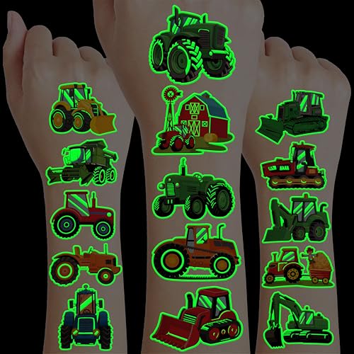 Image of 96 PCS Tractor Pre-Cut Luminous Glow in the Dark Temporary Tattoos for Kids | Farm Farmhouse Theme Birthday Party Favors, Supplies, Decorations, Fake Tattoo Stickers, Rewards & Gifts For Boys & Girls
