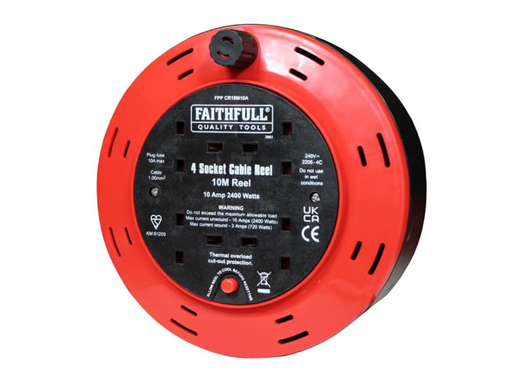 Faithfull Power Plus Cable Reel 240 Volt 10 Metre 10 Amp 4 Socket