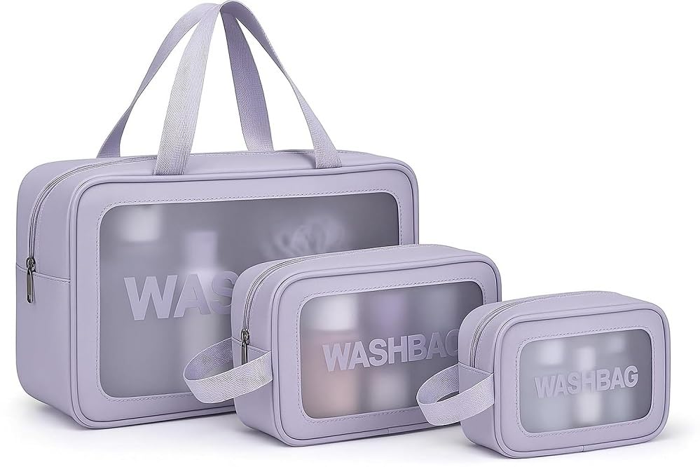 PVC Makeup Bag Travel Toiletries Organizer Cosmetic Bags Wash Bag Pouch for Travel Kit for Women Bathroom Set of 3 (Multi-Colors) (Purple)-image-2