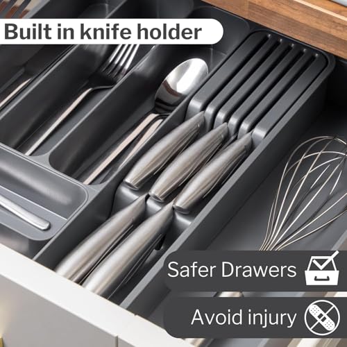 Image of Aroja Expandable Kitchen Drawer Organizer, 8-Slot BPA-Free Plastic Utensil Tray, Adjustable Flatware and Cutlery Holder for Spoons, Forks, and Knives, Kitchen Storage and Organization (Dark Grey)