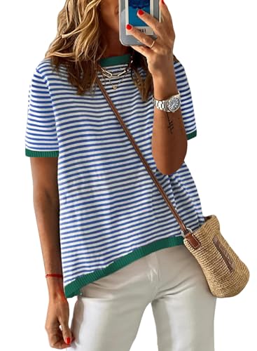 Image of Womens Short Sleeve Striped Color Block Crew Neck Sweater Shirt Lightweight Cotton Casual Summer Pullover Tops