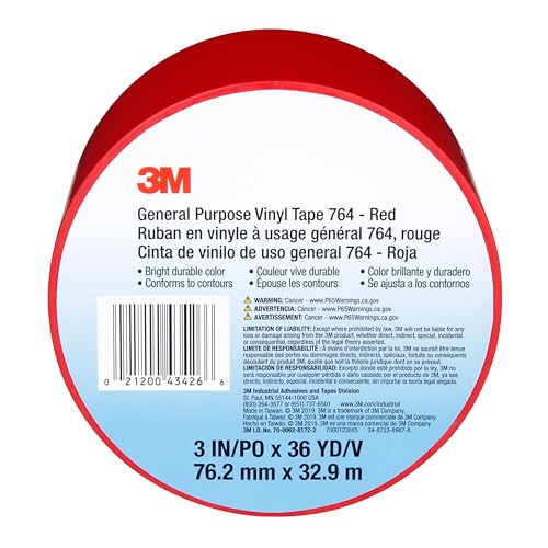 Image of 3M Vinyl Tape 764, General Purpose, 3 in x 36 yd, Red, 1 Roll, Light Traffic Floor Marking Tape, Social Distancing, Color Coding, Safety, Bundling