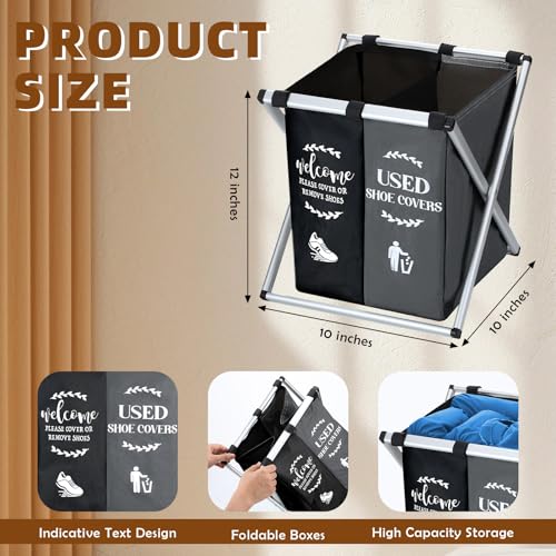 Wonderjune Foldable Disposable Shoe Cover Box Dispenser Fabric Storage Bin Holder with Used Shoe Covers and Welcome Please or Remove Sign for Open House Supplies(Black, Gray)