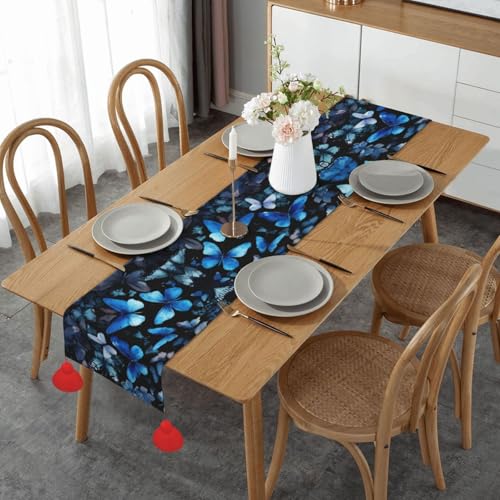 Chemin de table imprime de qualite superieure avec fleurs blanches et papillons azurs - 2