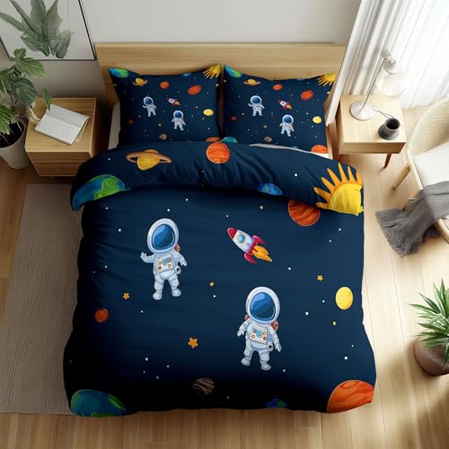 Générique Housse de Couette Univers De Dessin Animé Astronaute Planètes 90 x 200 cm avec Taies d'oreiller 65x65 cm, Parure de Lit Réversible Bleu Foncé,...