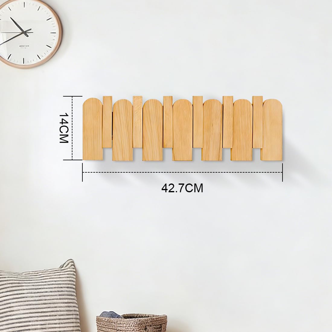 Garderobenhaken Holz Wand, Holzplatte Garderobenleiste Faltbarer Kleiderhaken mit 5 Haken, Stäbchen Garderobenhaken, 42.5*14cm, wandgarderobe bis 25kg für Jacken, Schals, Handtaschen und Mehr
