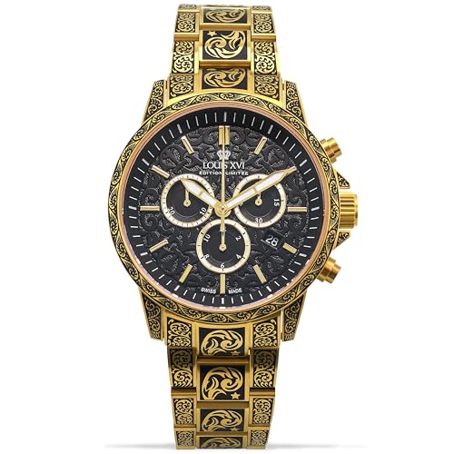 LOUIS XVI Palais Royale Inked 1700 - Montre pour homme - Étanche - Avec verre saphir - Bracelet doré - Cadran noir - Mouvement à quartz suisse, or