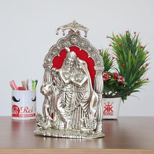 Image of KridayKraft Metal Radha Krishna Idol with Cow Decorative Showpiece Statue for Puja Room Home Office Desk Gift Items Ornate Metal Sculpture of Hindu Deities (Silver, Height 33 CM)