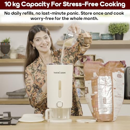 Image of InstaCuppa 10 Kg Rice Dispenser, Airtight Plastic Dry Grain Storage Container with Measuring Cup & Strainer, BPA-Free & Odorless, Single-Button Dispensing Kitchen Organizer