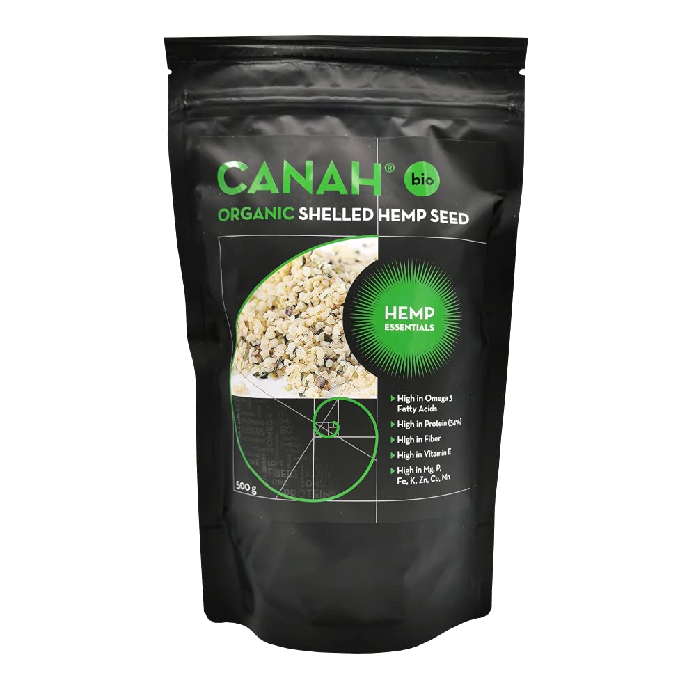 Canah® Organic Hemp Seed Raw Shelled (Hulled) Hearts 500 g – Vegan, High in Protein, Fiber, Omega 3 & Omega 6, Amino Acids, Vitamins and Minerals, Certified Kosher + Free Bonus Recipes