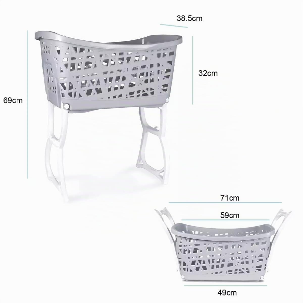 Cesto para Ropa Sucia Plegable con Patas, Cesta de Colada 40L, Diseño Ventilado de Rejilla, Cesto Lavandería de Plástico Fácil de Limpiar, Gris y Blanco, 59 x 38,5 x 69 cm