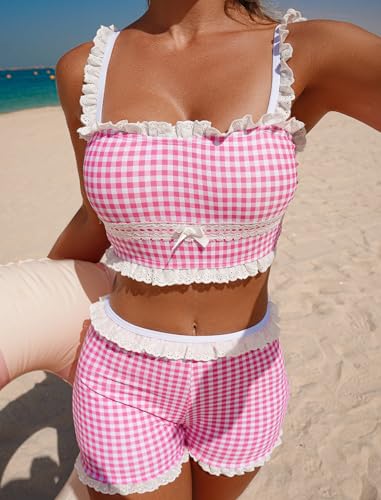 Image of ZAFUL Womens High Waisted Bikini Sets 2 Piece Plaid Ruffle Swimsuits Back Strap Top with High Waisted Shorts Bathing Suit
