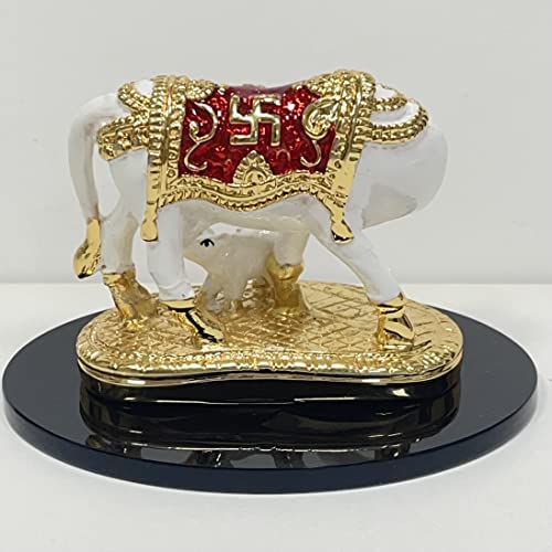 Image of Kamdhenu Cow & Calf Murti Idol-3 Inches, Polyresin Gold Plating using Electroplating | Handcrafted Showpiece Statue for Gifting, Office, Home Decor | Spiritual Vastu Figurine Sculpture