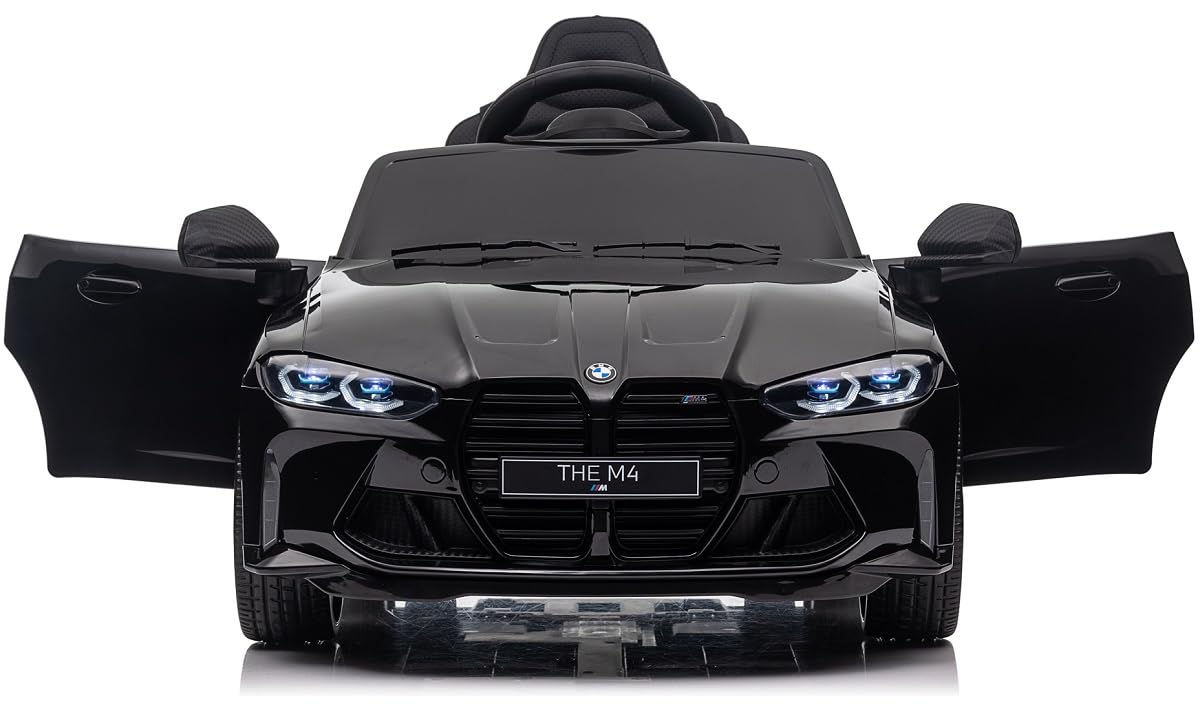 BMW M4, MPower- 90W, 12V-14ah, Eva Räder, Ledersitz, Kinderauto Kinderfahrzeug Kinder Elektroauto, Bluetooth, Fernbedienung 2.4G (Schwarz)